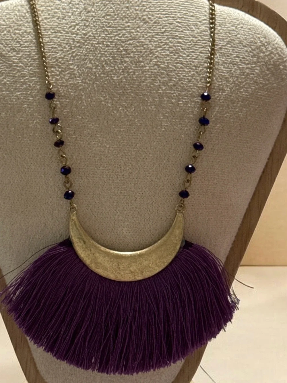 Hammered Gold Crescent Necklace with Deep Purple Fringe